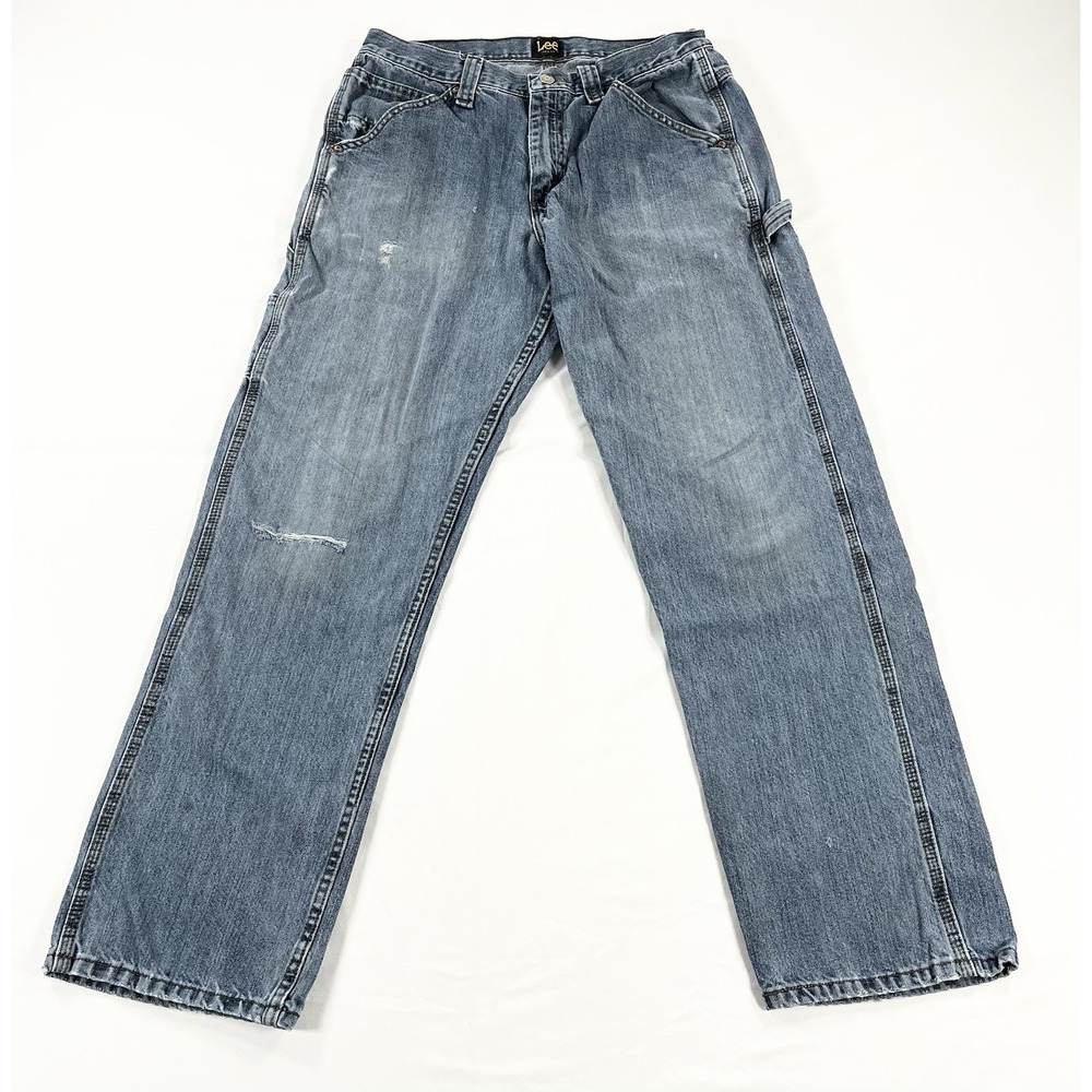 VTG Lee Carpenter Jeans Mens 32x31.5 Blue Distressed Paint Splatter Y2K Workwear